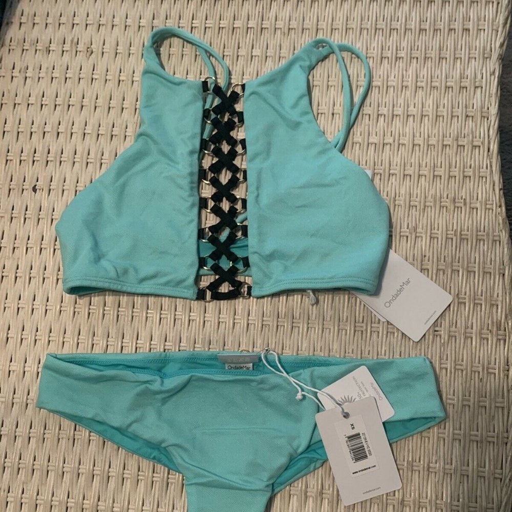 NWT ONADEMar Bikini Two Piece Sexy Black Blue Crochet XS Beach Swim suit